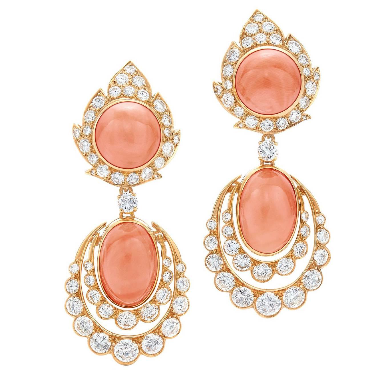1960s Van Cleef & Arpels Coral Diamond Pendant Earrings