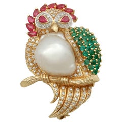 1980s Pearl 1.76 Carat Ruby 1.30 Carat Emerald & 1.15 Carat Diamond Gold Brooch 10