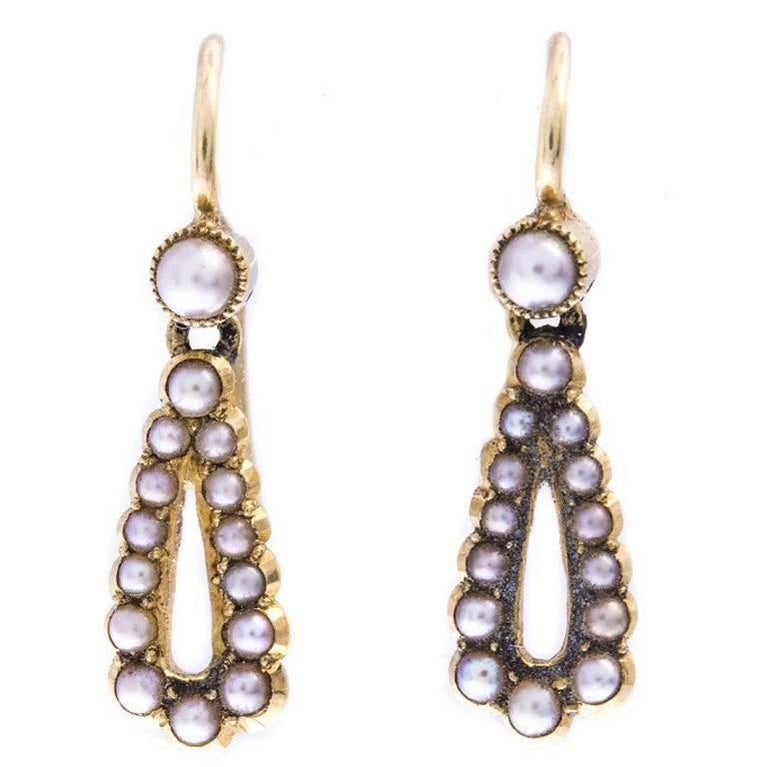 Antique Victorian 18 Carat Gold Split Pearl Drop Earrings For Sale at