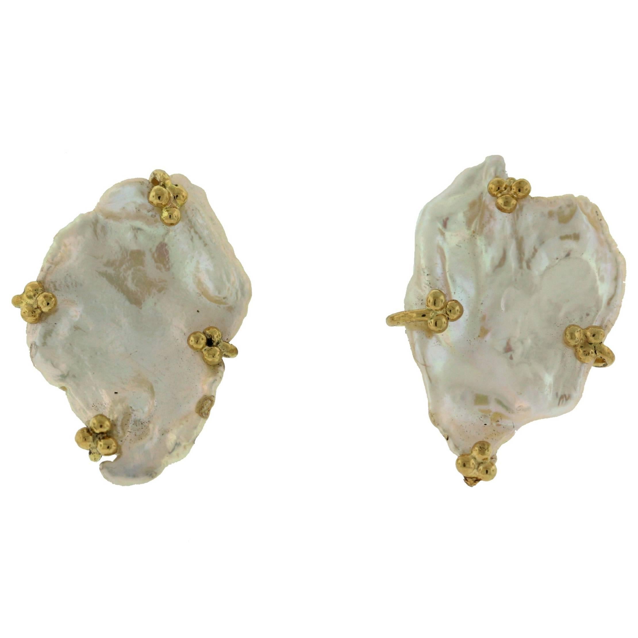 Crevoshay Petal Pearl 18 Karat Yellow Gold Earrings For Sale