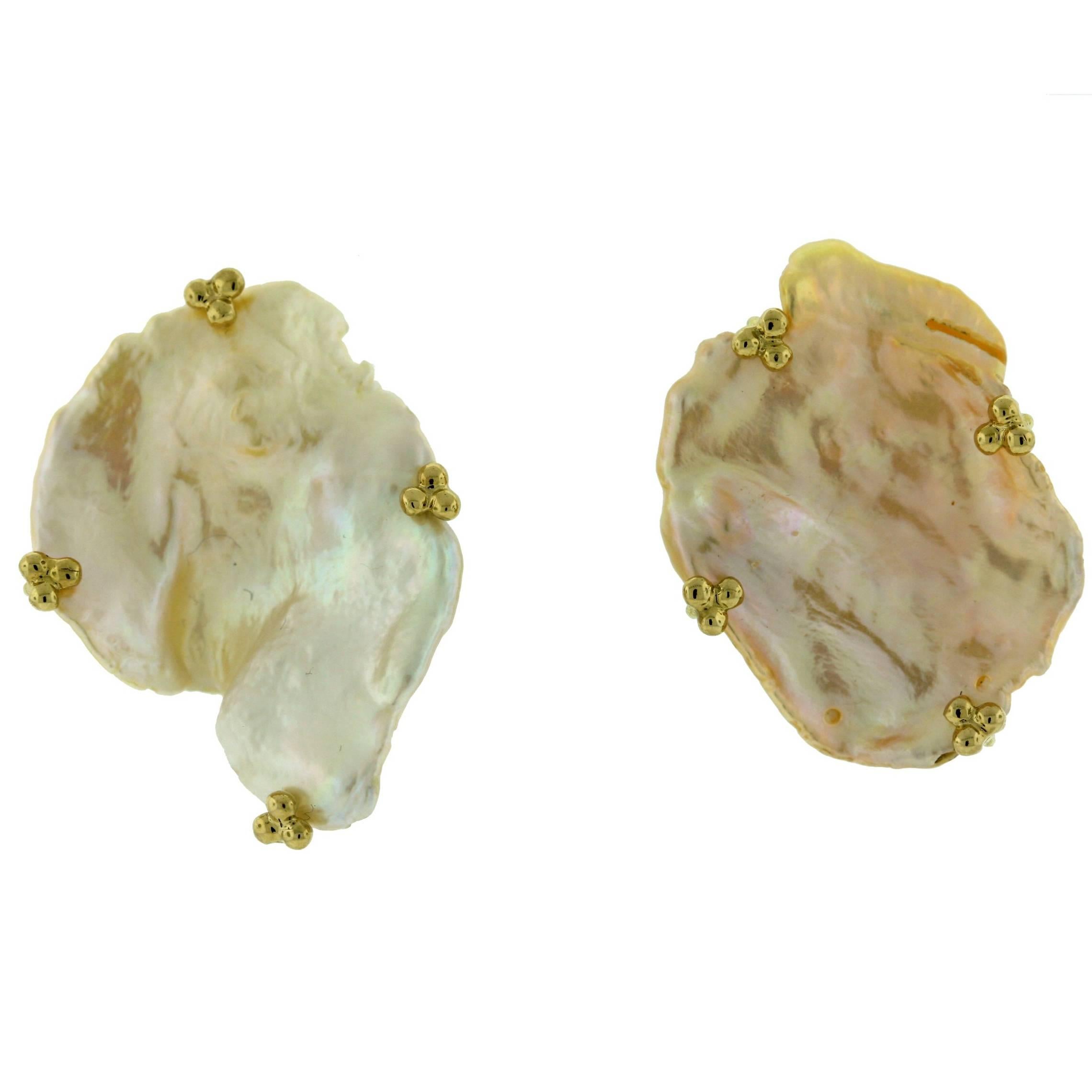 Crevoshay Peach Petal Pearl 18 Karat Yellow Gold Earrings For Sale