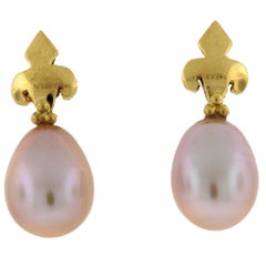 Crevoshay Fleur-de-Lis Pearl 18 Karat Yellow Gold Earrings 8