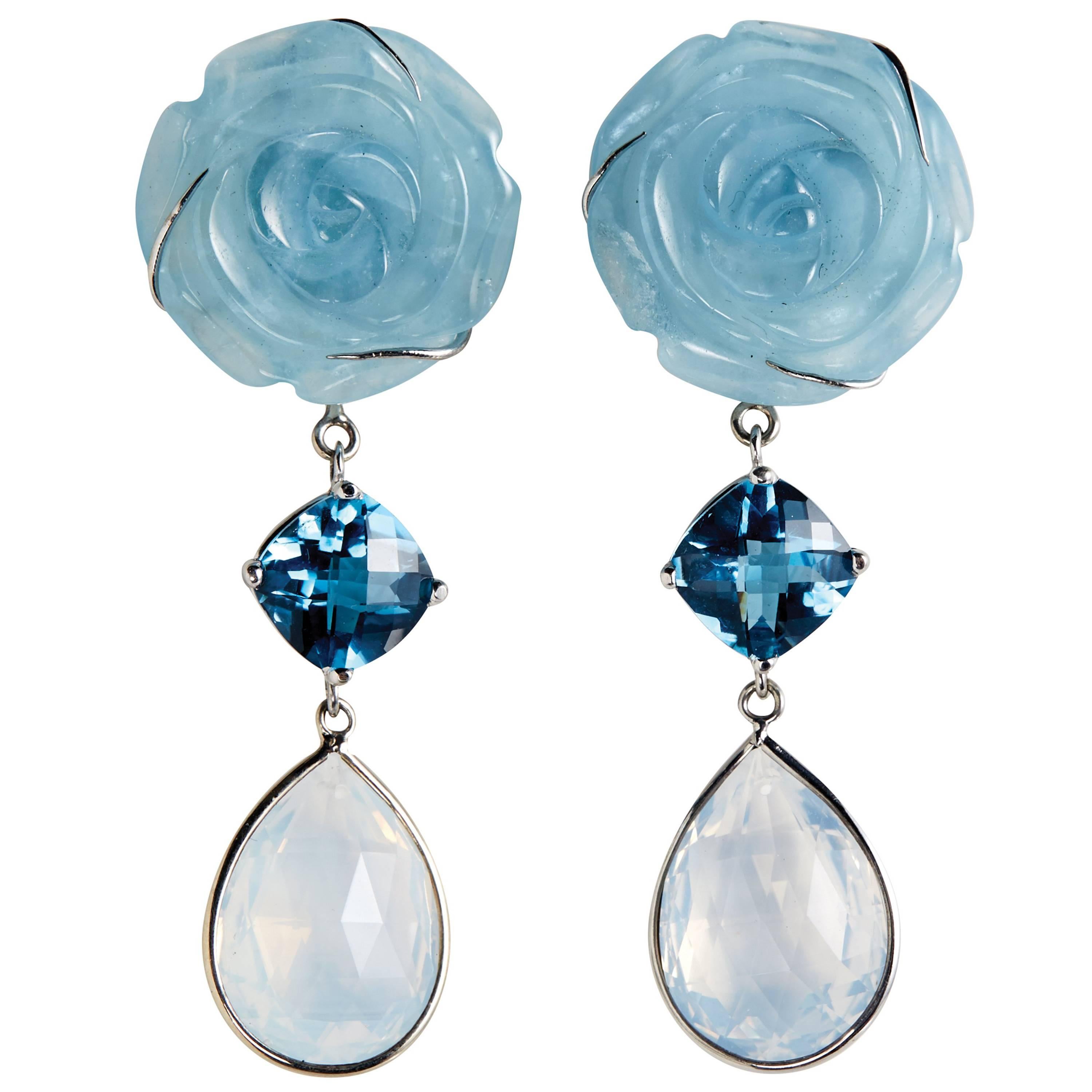 Deux Filles Floral Aquamarine, Blue Topaz, Diamond and Opal Drop Earrings For Sale