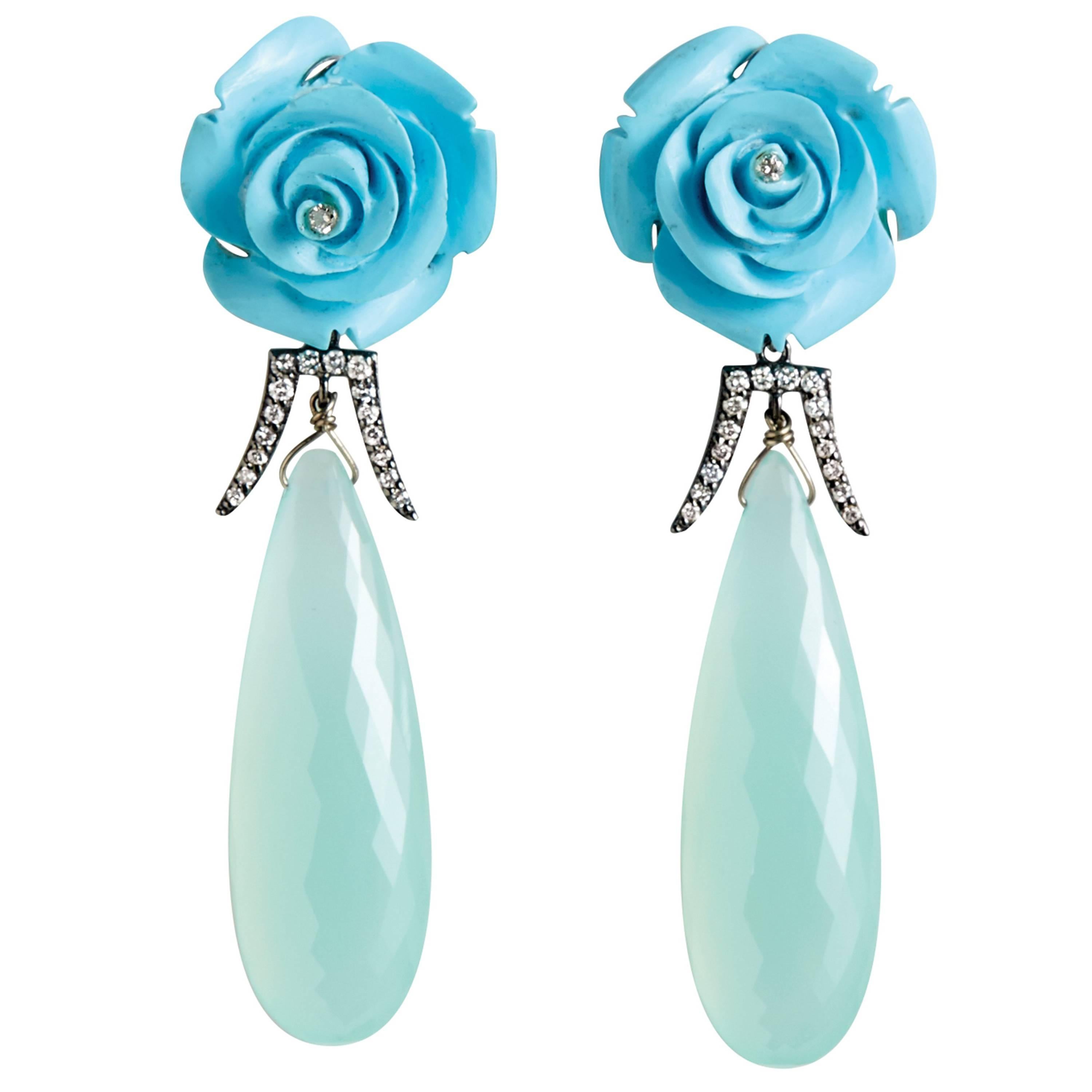 Deux Filles Turquoise, Diamond and Chalcedony Drop Earrings For Sale