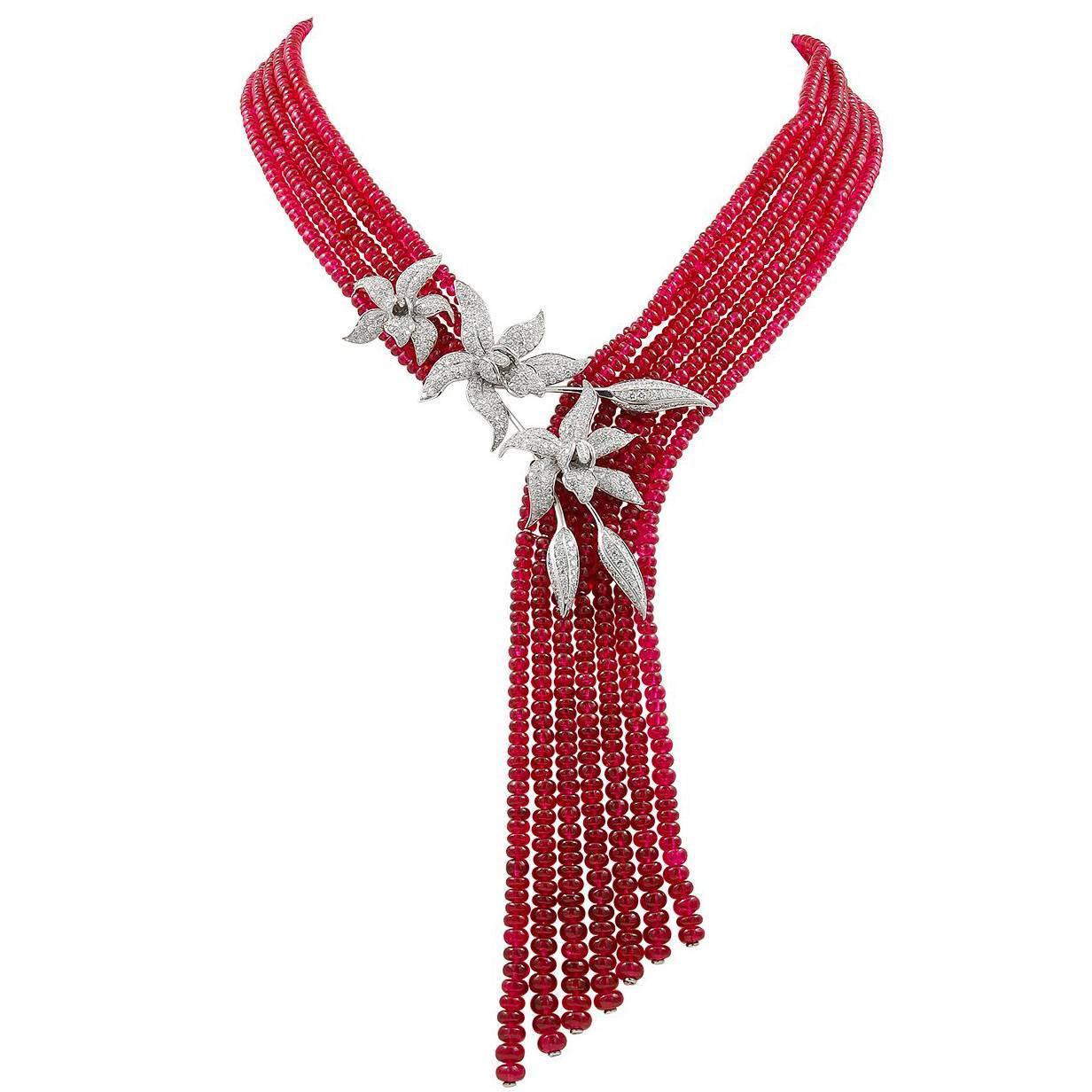 Cartier Diamond Red Spinel Beads Necklace