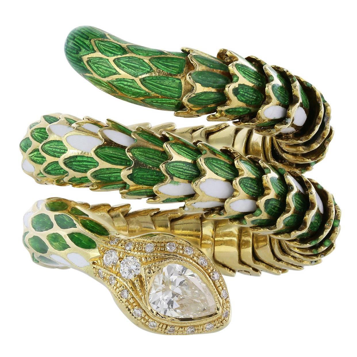 Diamond Enamel Gold Snake Ring For Sale