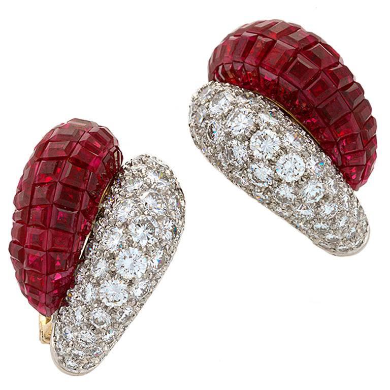 Van Cleef & Arpels Late 20th Century Ruby Diamond Platinum 'Mystère' Earrings