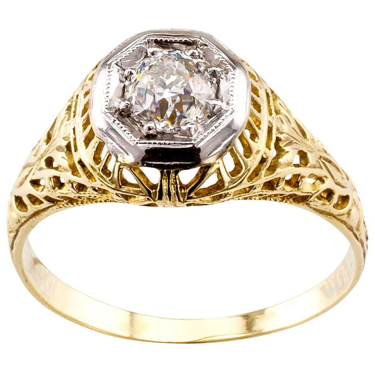 Old Mine Cut 0.35 Carat Diamond Art Deco Gold Engagement Ring