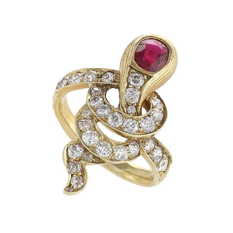 Antique Russian Ruby Diamond Gold Serpent Ring