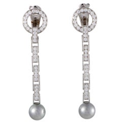 Cartier Agrafe Full Diamond Pave and Grey Pearl White Gold Long Drop Earrings