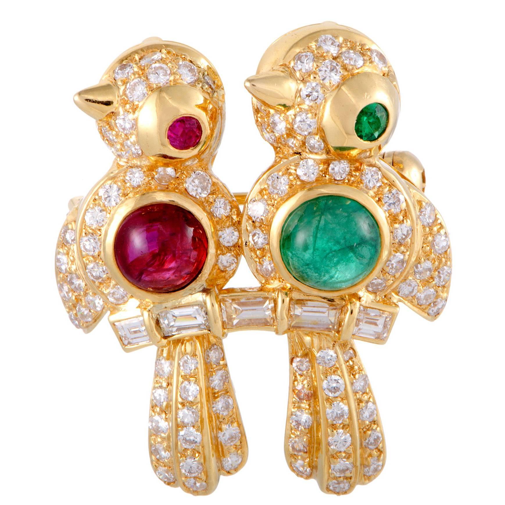 Ruby Emerald Diamond Love Birds Pendant Brooch