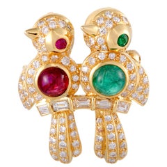 Ruby Emerald Diamond Love Birds Pendant Brooch