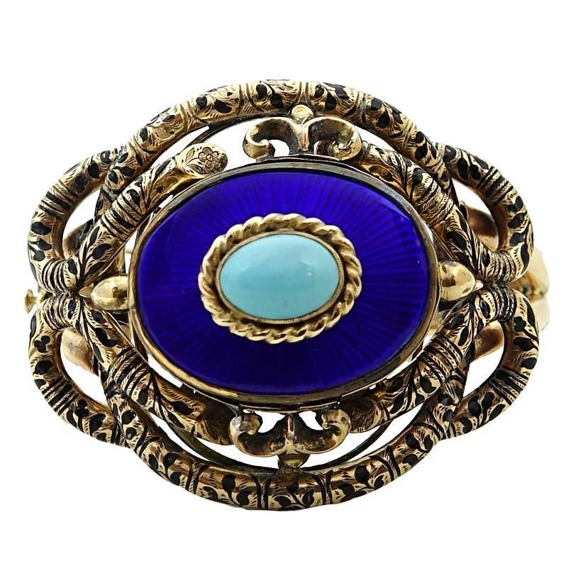 Enamel and Turquoise Yellow Gold Bangle For Sale