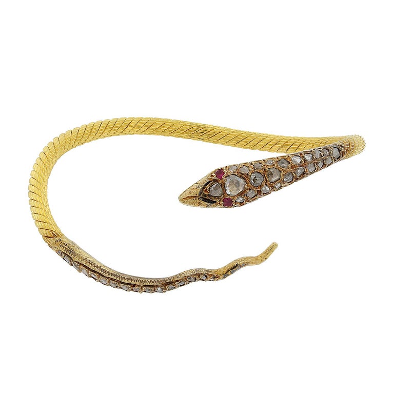 Egyptian Revival Diamond Ruby Gold Serpentine Snake Cuff Bracelet Egyptian Revival Diamond Ruby Gold Serpentine Snake Cuff Bracelet For