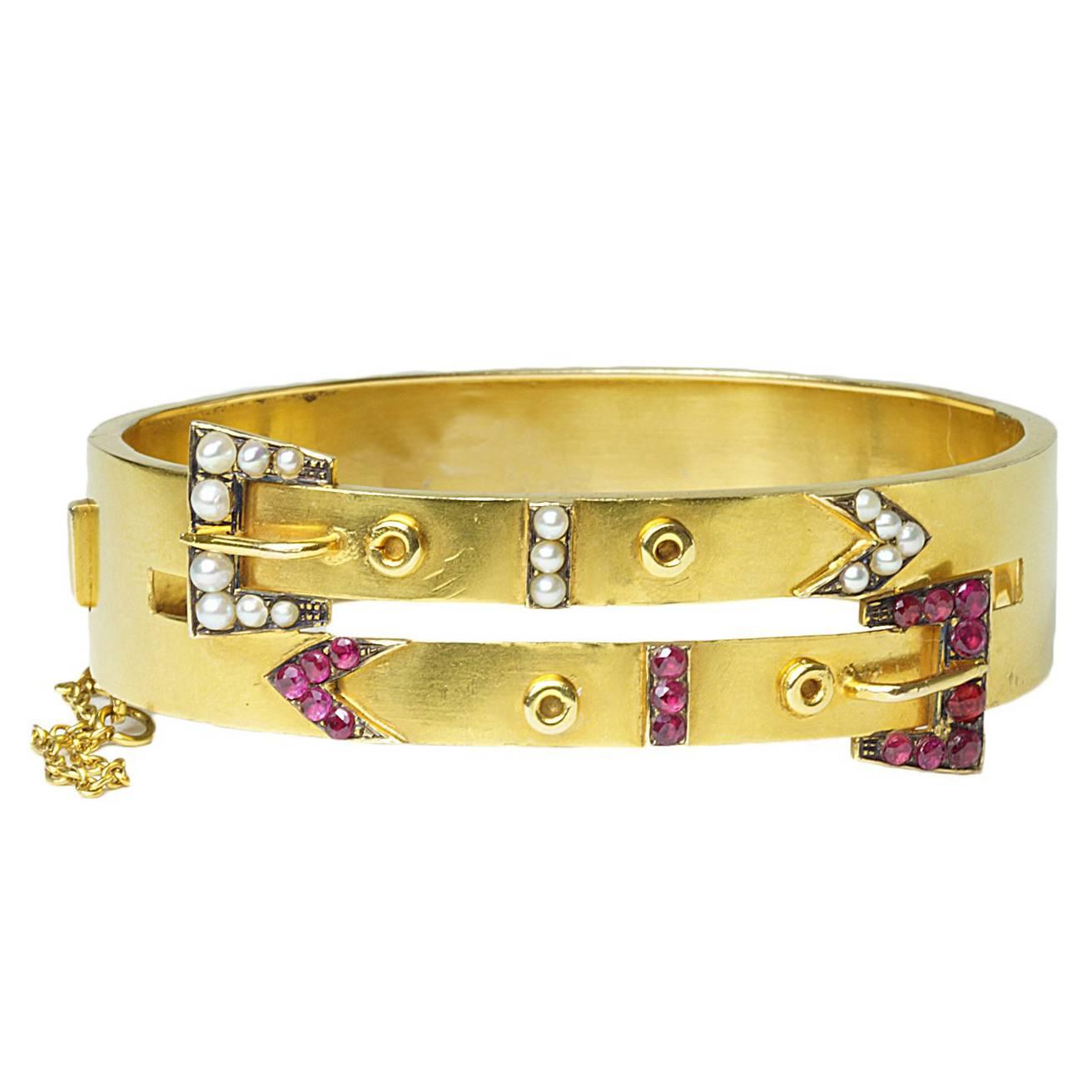 Ruby and Pearl Double Buckle Bangle Bracelet For Sale