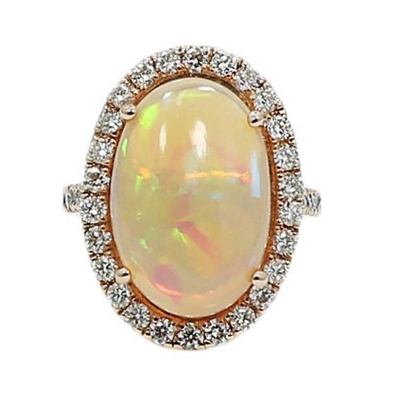 6.92 Carat Opal and Diamond Rose Gold Ring For Sale