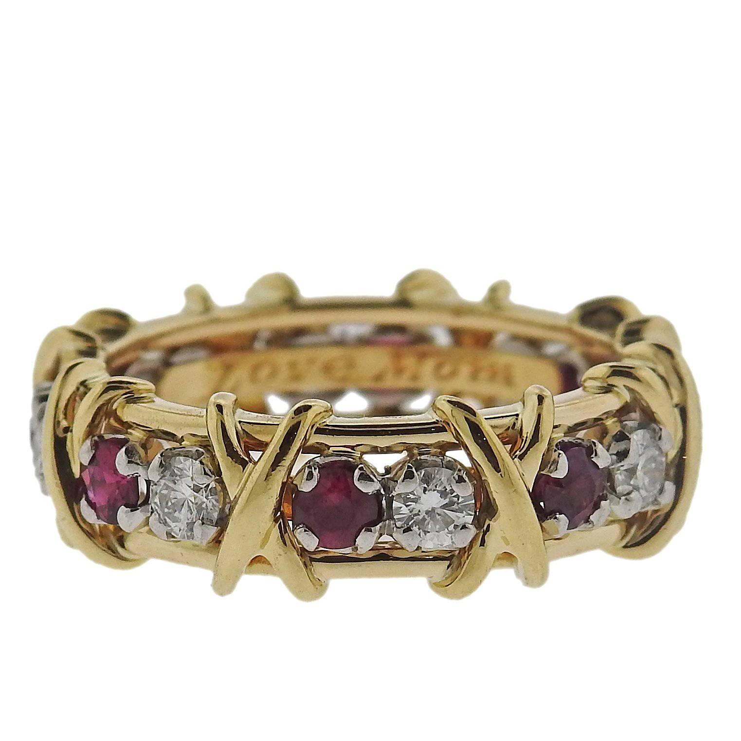 Tiffany & Co. Schlumberger 16-Stone Gold Platinum Diamond Ruby Ring