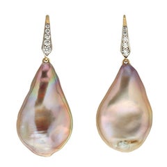 Baroque Toast Fresh Water Pearl Drops Earrings with Diamond Lever Back