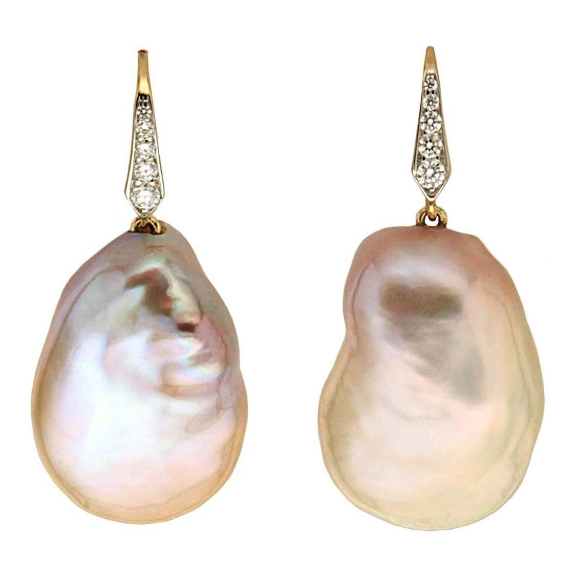 Baroque Toast Fresh Water Pearl Drops Earrings with Diamond Lever Backs