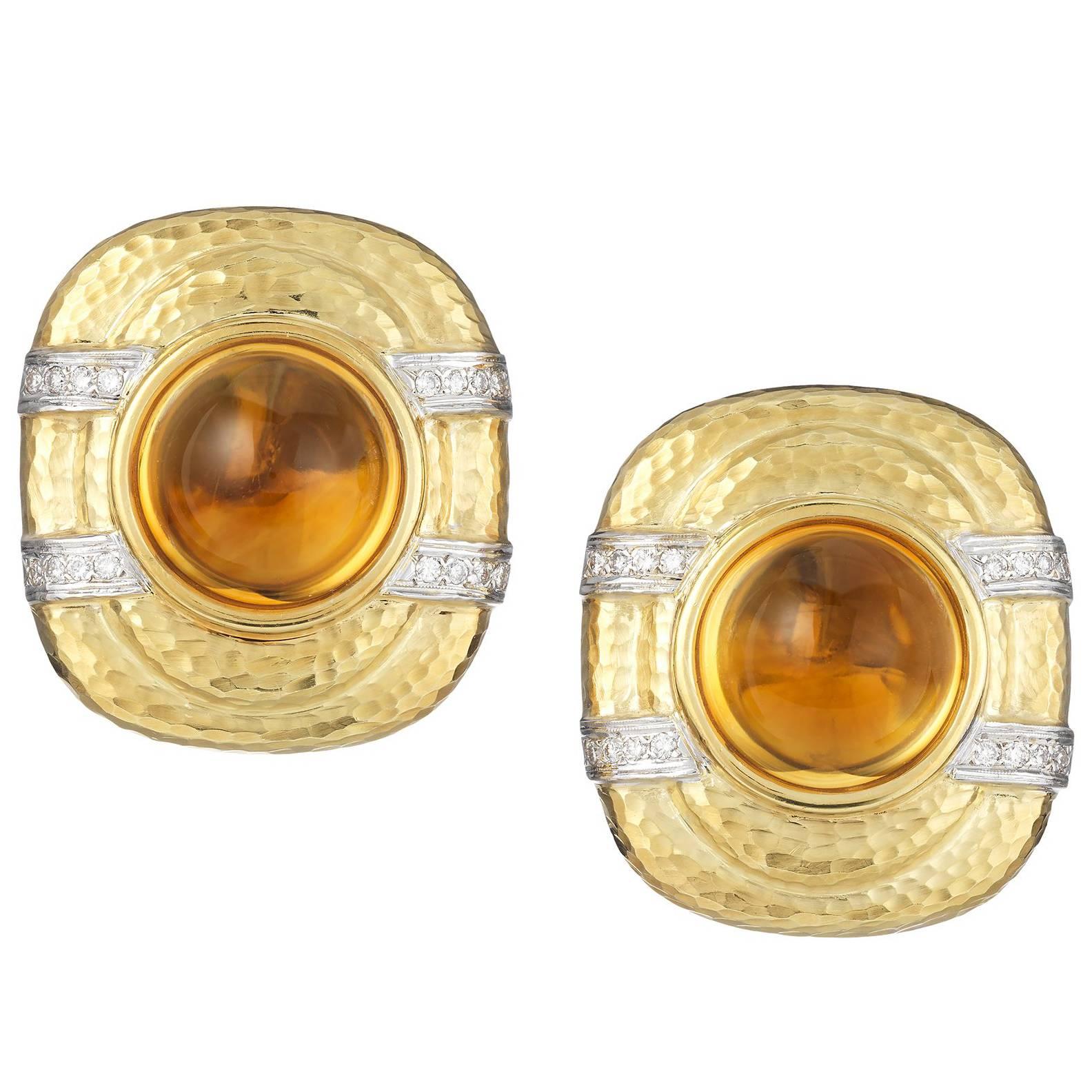 Diamond Oval Citrine Faceted Gold Clip Earrings