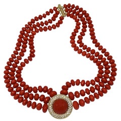 1960s Multi-Strand Coral Bead and Diamond Necklace