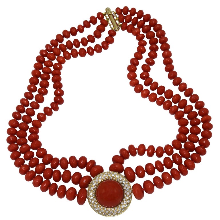 1960s Multi-Strand Coral Bead and Diamond Necklace For Sale at 1stdibs