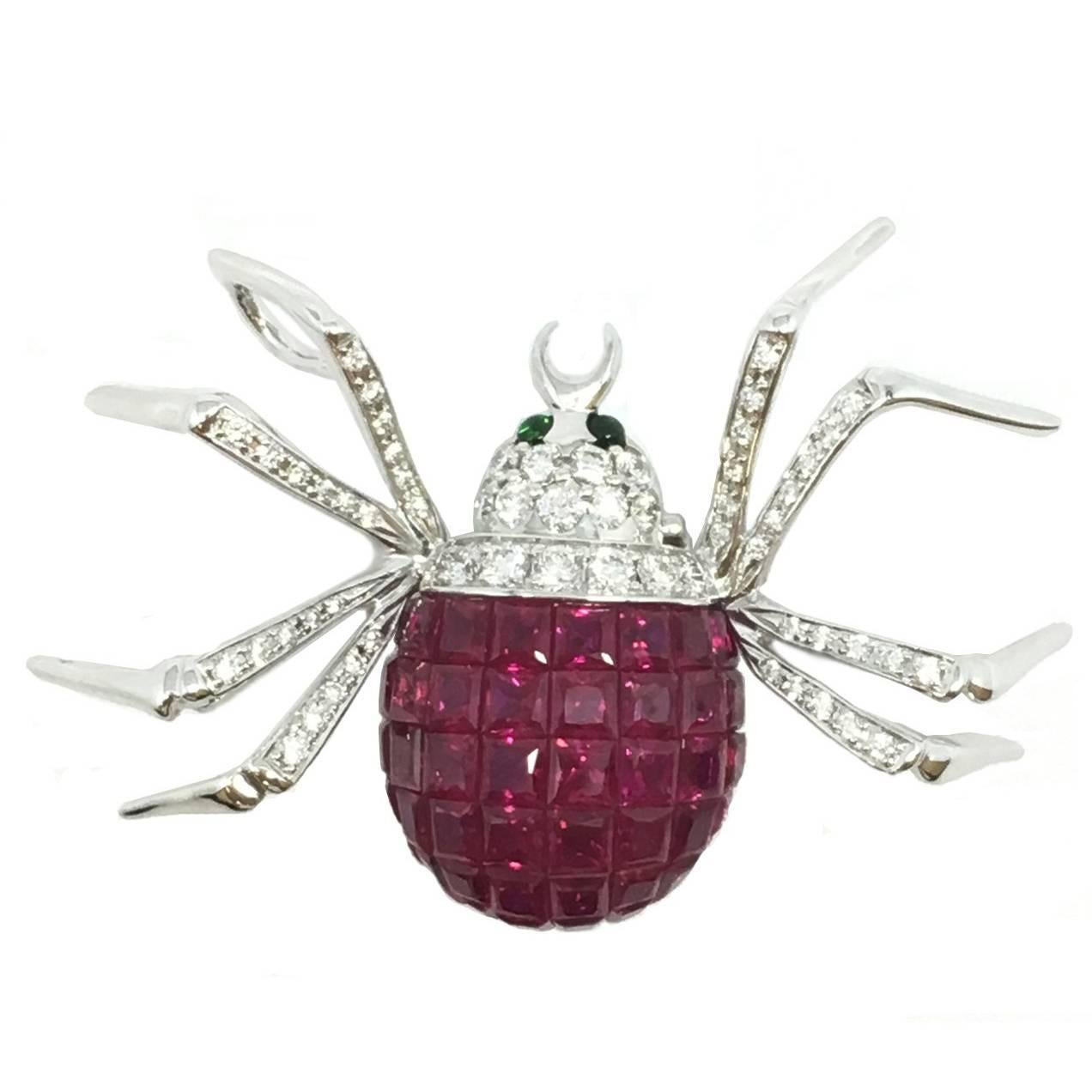 Diamond and Ruby Spider Brooch Pendant
