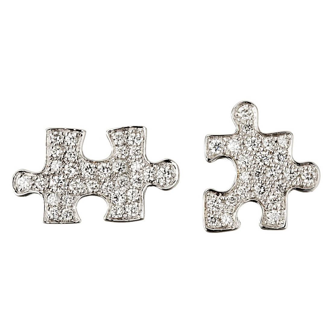 Akillis Puzzle Mismatched Earrings 18 Karat White Gold White Diamonds For Sale