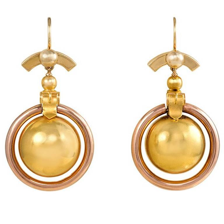 Antique Two-Color Gold Earrings with Ball Pendants