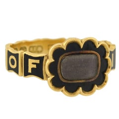 Antique Early Victorian English Mourning Ring with Enameling and Woven Hair