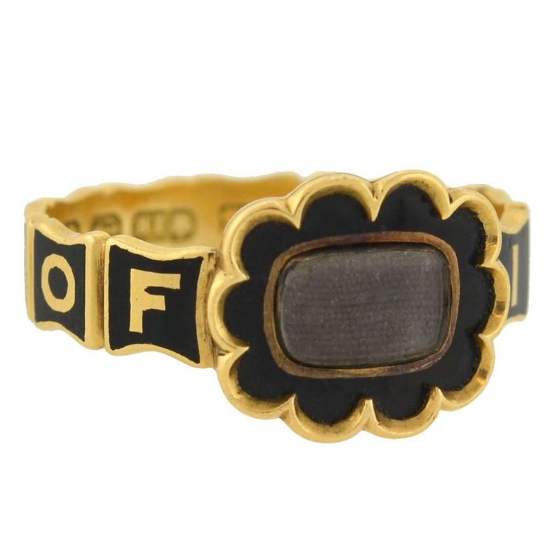 Early Victorian English Mourning Ring with Enameling and Woven Hair For Sale
