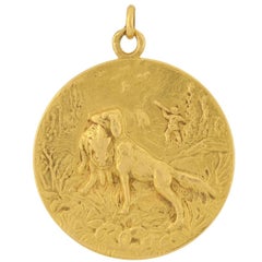 Antique Cartier Edwardian Gold Disc Pendant with Hunting Dog Motif