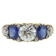 Victorian Style Sapphire and Diamond Ring, Old Cut Diamonds 1.88 Carat 12