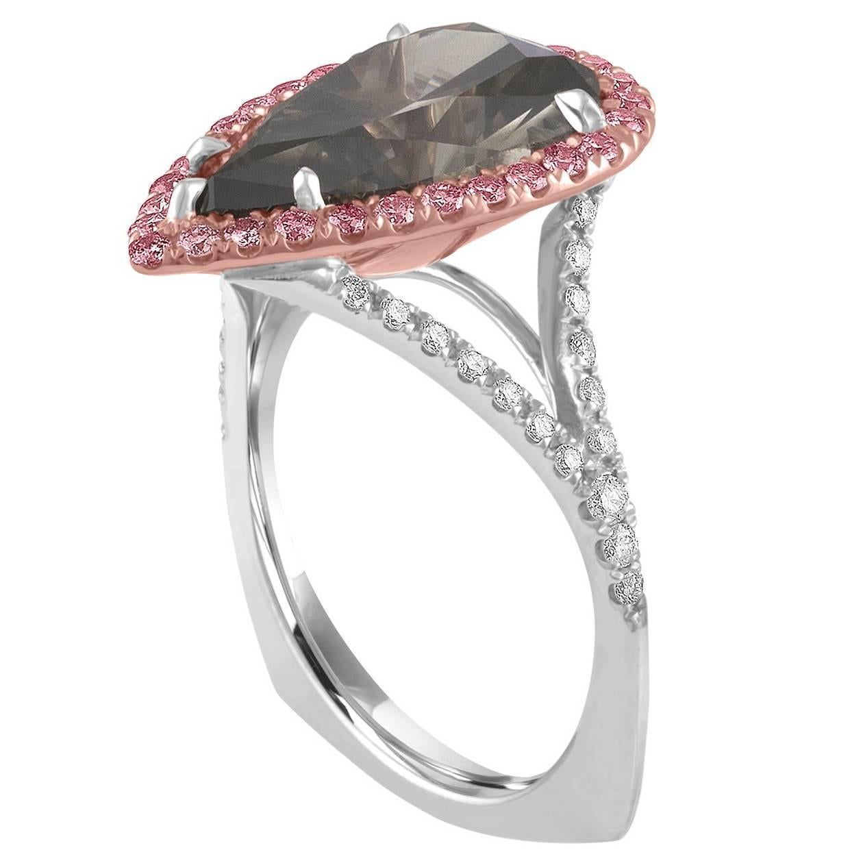 5.36 Carat Pear Shape GIA Certified Dark Gray with Pink Diamonds Platinum Ring For Sale