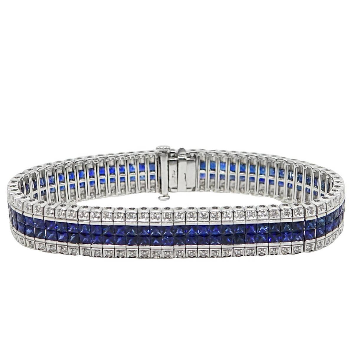 French Cut Sapphire and Round Diamond White Gold Bracelet For Sale