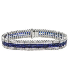 French Cut Sapphire and Round Diamond White Gold Bracelet