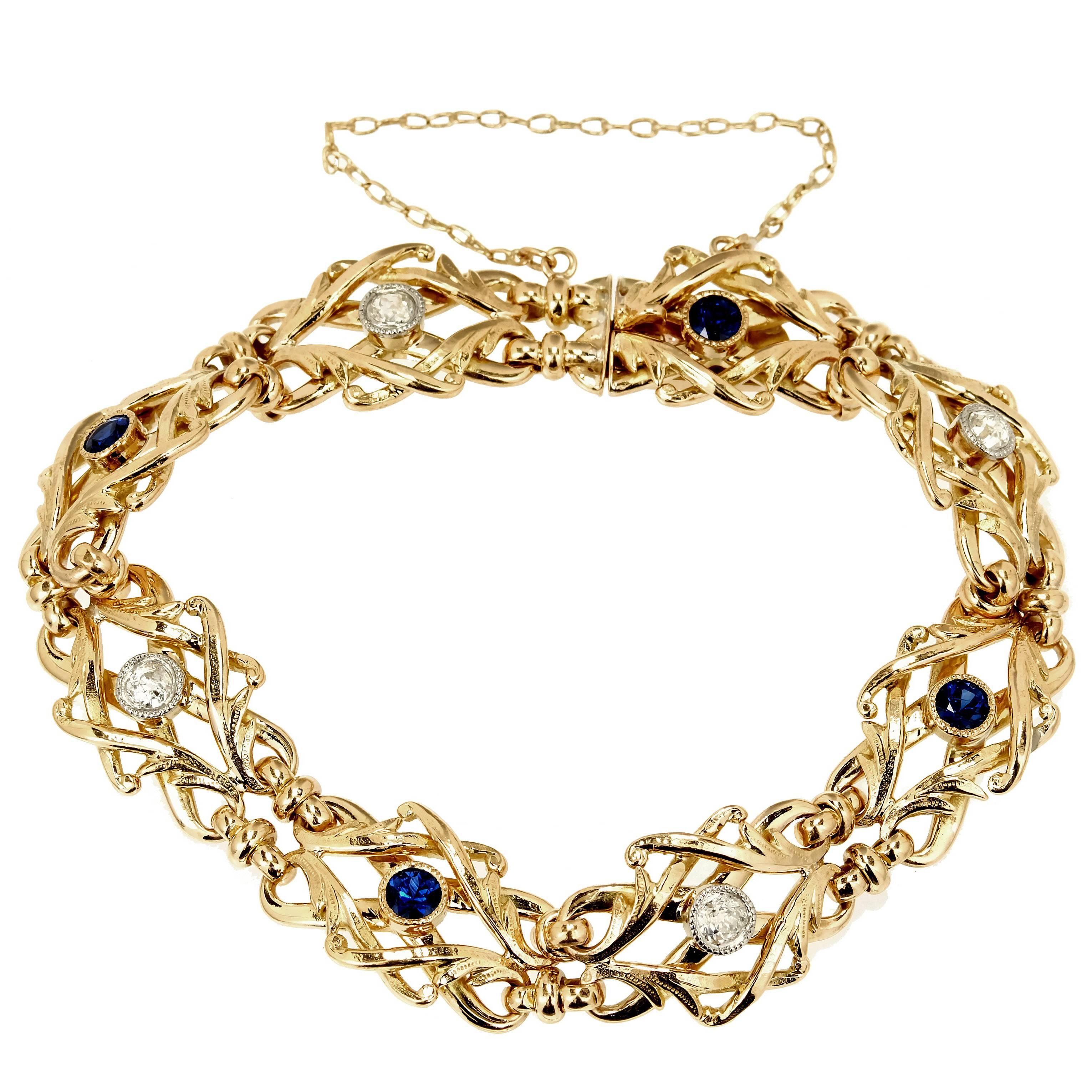 GIA Certified Art Nouveau Diamond Sapphire Woven Link Gold Bracelet