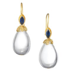 Granulated Gold Sapphire and Clear Quartz Drop Earrings