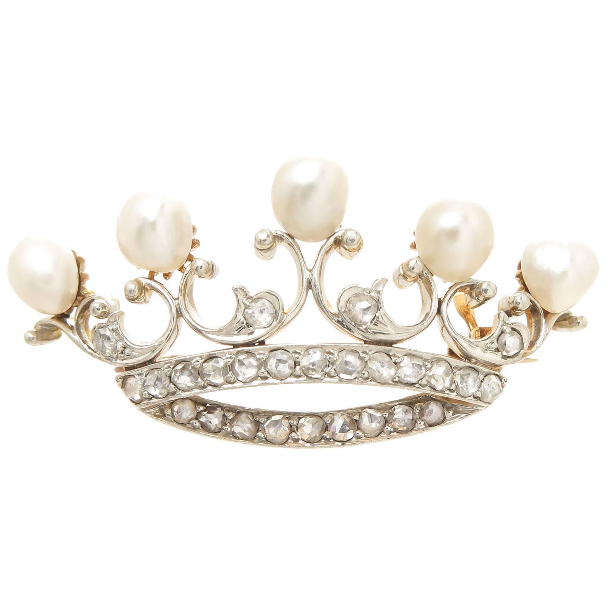 Black Star and Frost Natural Pearl and Diamond Crown Brooch, 1920s