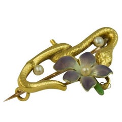 Antique Victorian Serpent and Pansy Brooch, 15 Carat Gold and Pearl
