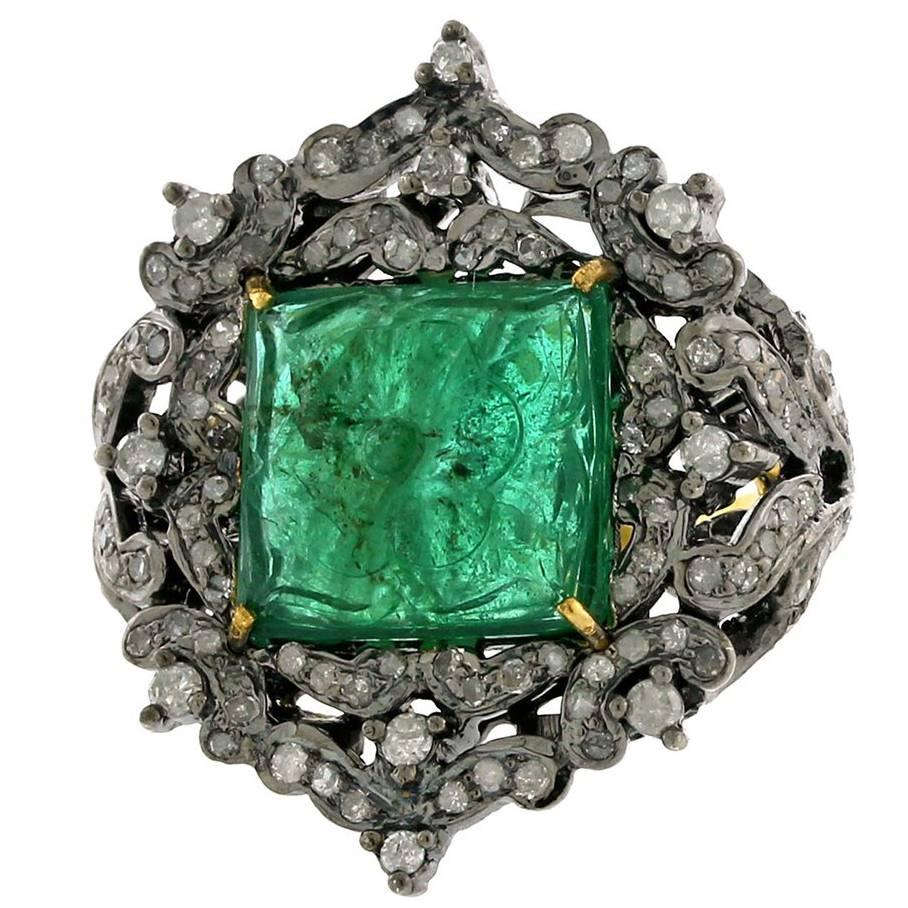 Carved Emerald Ring with Diamonds