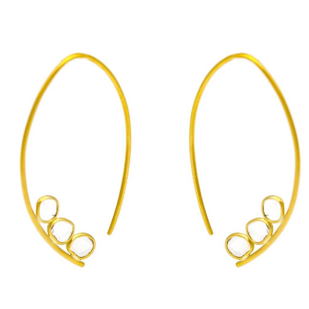 Satin Yellow Gold and Rose Cut Diamond Drop Hoop Earrings