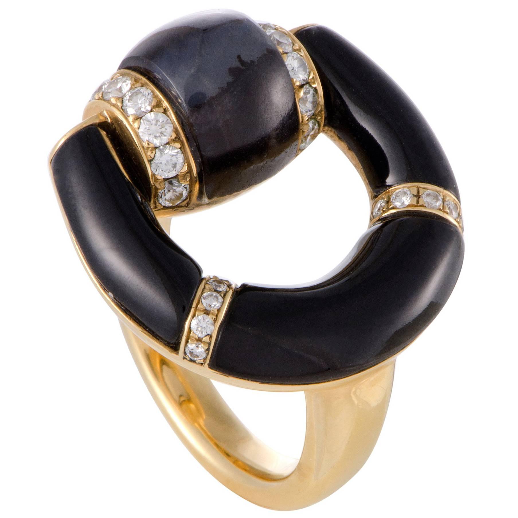 Gucci Horsebit Diamond Agate and Onyx Yellow Gold Ring