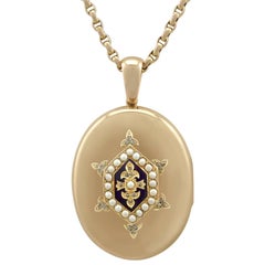 1890s Antique Victorian Diamond and Seed Pearl Enamel and Yellow Gold Locket