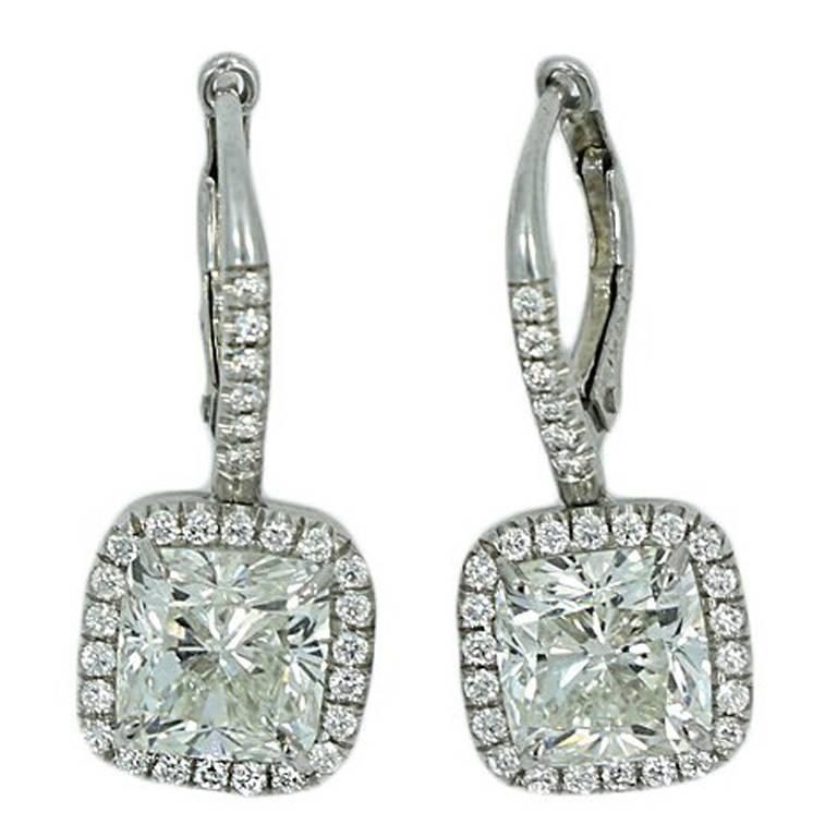 GIA Certified 4.04 Carat Cushion Cut Diamond Platinum Earrings For Sale
