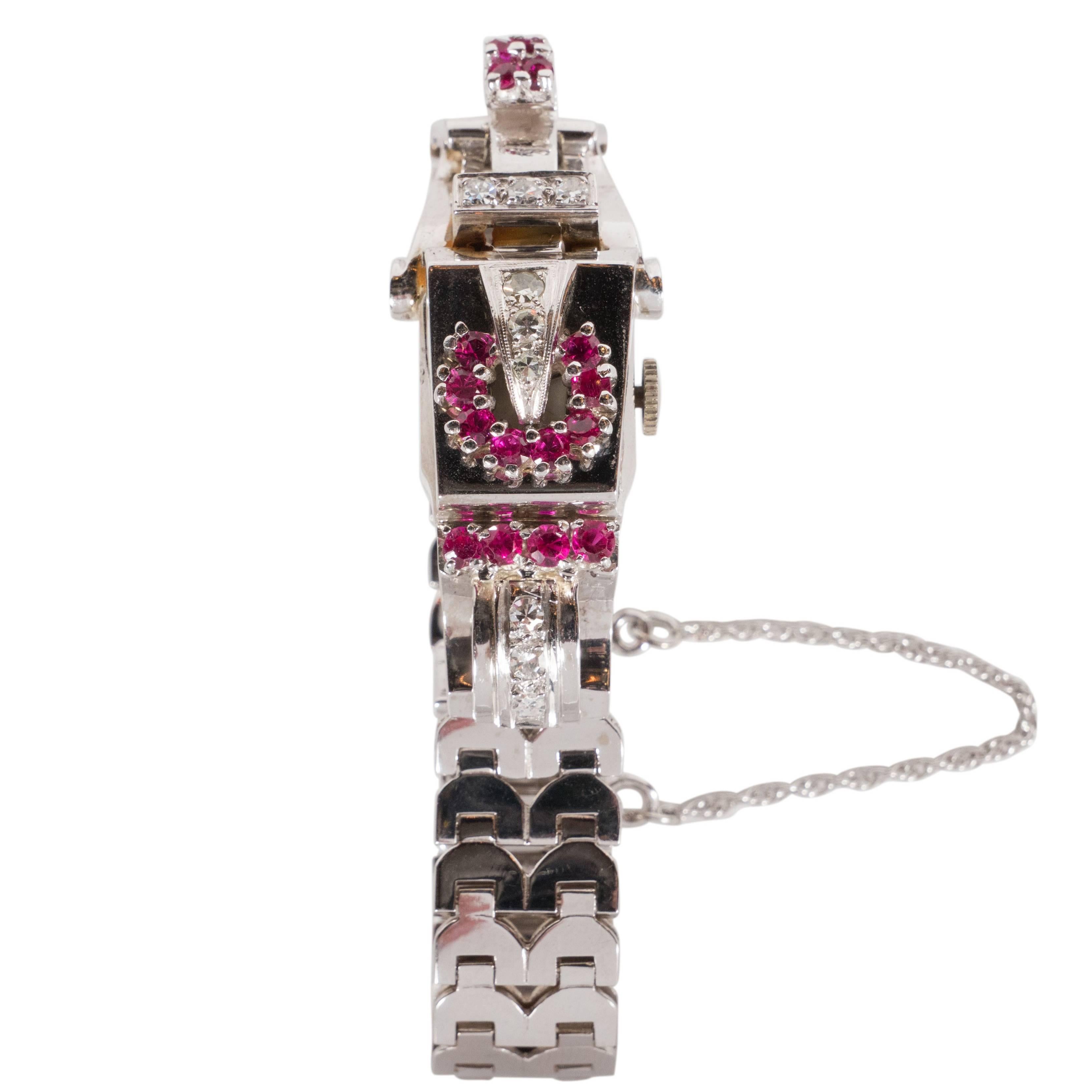 Retro White Gold Diamond Ruby Art Deco Bracelet Wristwatch, circa 1940