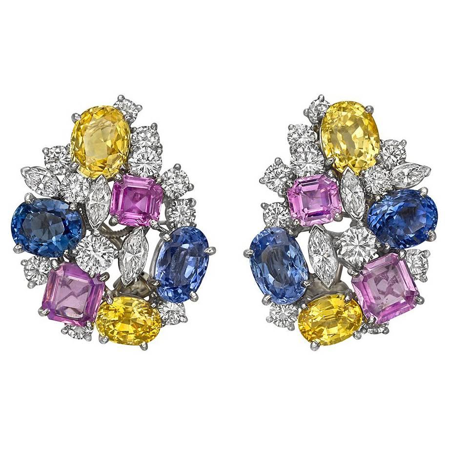 Oscar Heyman Multicolored Sapphire Diamond Cluster Earrings