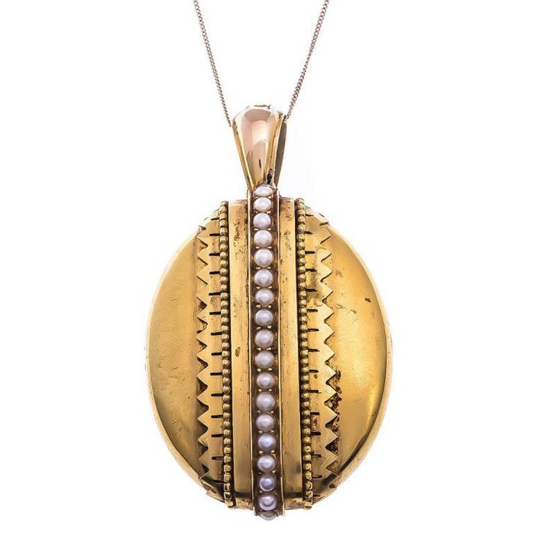 Antique Victorian  Yellow Gold Split Pearl Locket For Sale
