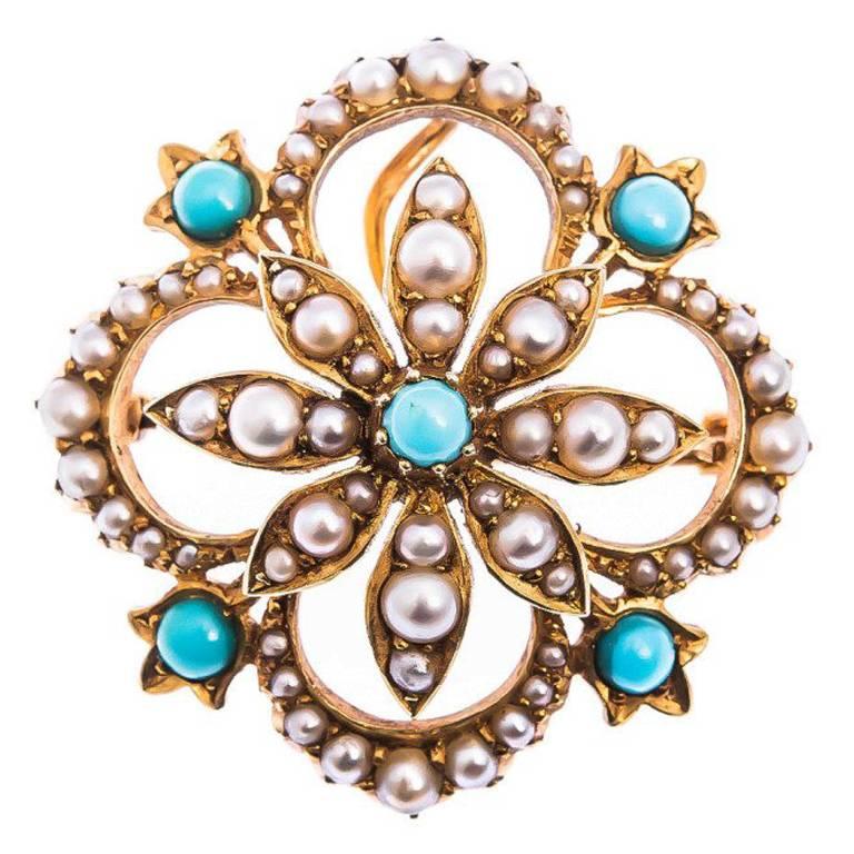 Antique Edwardian  Split Pearl and Turquoise Hair Pin and Brooch For Sale