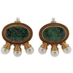 Elizabeth Gage Pearl Green Gemstone Gold Earrings